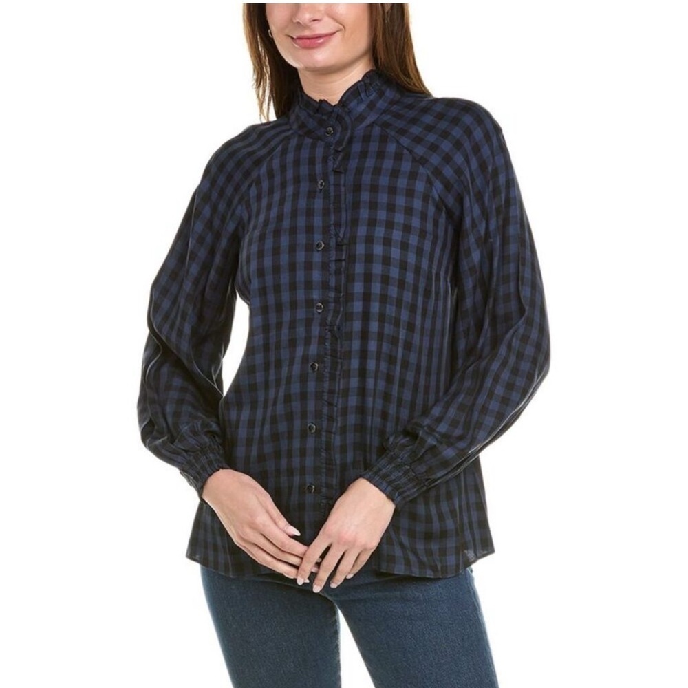 CAbi Shirt Women’s Navy Blue S Career Plaid Long Sleeve Ruffled Button up office
